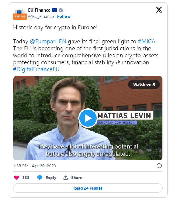EU Finance announcement that the EU gave final approval to the MiCA crypto-asset rules